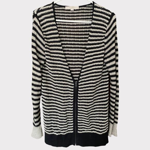 Ann Taylor LOFT Womens Cardigan Sweater V Neck Black Silver Stripe Medium - Picture 3 of 10